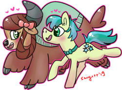 Size: 1065x783 | Tagged: safe, artist:northernlightsone, sandbar, yona, pony, yak, g4, she's all yak, blushing, bow, bowtie, cloven hooves, colored pupils, cute, ear fluff, female, hair bow, heart, heart eyes, interspecies, male, monkey swings, open mouth, profile, sandabetes, ship:yonabar, shipping, simple background, straight, transparent background, wingding eyes, yonadorable