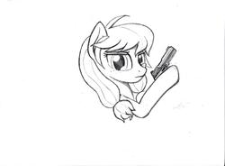 Size: 3300x2433 | Tagged: safe, artist:sci1017, oc, oc only, oc:aurelia coe, earth pony, pony, champions of equestria, female, freckles, gun, high res, sketch, solo, traditional art, weapon