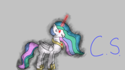 Size: 1920x1080 | Tagged: safe, artist:c.s., idw, princess celestia, alicorn, pony, g4, reflections, spoiler:comic, amulet, celestia is not amused, dark magic, evil, evil celestia, evil counterpart, evil grin, female, glowing horn, grin, horn, jewelry, magic, mirror universe, missing accessory, smiling, solo, unamused