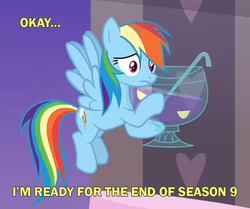 Size: 828x691 | Tagged: safe, edit, edited screencap, screencap, rainbow dash, pony, g4, she's all yak, cropped, end of ponies, female, implied drinking, in-universe pegasister, punch (drink), punch bowl, solo