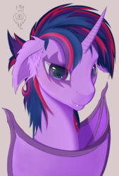Size: 2233x3296 | Tagged: safe, artist:batsdisaster, twilight sparkle, alicorn, bat pony, pony, g4, alternate hairstyle, bat wings, female, high res, punklight sparkle, wings