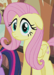 Size: 266x364 | Tagged: safe, screencap, fluttershy, twilight sparkle, pegasus, pony, unicorn, g4, mmmystery on the friendship express, season 2, animated, cropped, error, female, floppy ears, glitch, mare, offscreen character, open mouth, solo focus, stunned, unicorn twilight