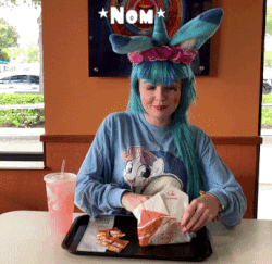 Size: 345x335 | Tagged: safe, artist:krazykari, sonata dusk, sweetie belle, human, unicorn, g4, animated, clothes, cosplay, costume, food, gif, irl, irl human, photo, pun, sonataco, taco, taco bell, taco belle, taco tuesday