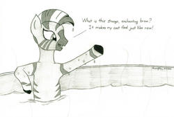 Size: 1024x692 | Tagged: safe, artist:peruserofpieces, zecora, zebra, g4, dripping, female, hot tub, mare, missing accessory, newbie artist training grounds, pencil drawing, rhyme, simple background, spa, steam, talking, text, traditional art, water, wet