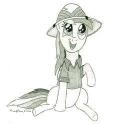 Size: 900x953 | Tagged: safe, artist:peruserofpieces, daring do, rainbow dash, pegasus, pony, g4, clothes, cosplay, costume, cute, dashabetes, female, folded wings, hat, mare, newbie artist training grounds, pencil drawing, raised hoof, safari hat, shirt, simple background, smiling, solo, traditional art, wings