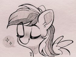 Size: 2048x1550 | Tagged: dead source, safe, artist:trickate, rainbow dash, pegasus, pony, g4, bust, eyes closed, female, monochrome, portrait, sketch, solo, traditional art