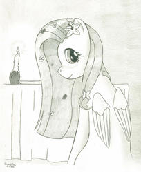 Size: 1024x1256 | Tagged: safe, artist:peruserofpieces, fluttershy, pegasus, pony, g4, bronybait, candle, candlelight, clothes, date, description is relevant, dinner, dinner date, dress, female, first date, first person view, flower, flower in hair, folded wings, hairclip, implied shipping, mare, newbie artist training grounds, offscreen character, pencil drawing, pov, profile, shy, simple background, smiling, solo, table, tablecloth, traditional art, turned away, wings