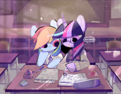 Size: 1100x852 | Tagged: safe, artist:poneko-chan, rainbow dash, twilight sparkle, pegasus, pony, g4, classroom, clothes, dialogue, female, lesbian, markers, ship:twidash, shipping, studying, traditional art
