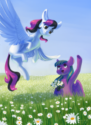 Size: 2514x3461 | Tagged: safe, artist:rimmes-broose, pegasus, pony, duo, flower, high res