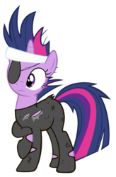 Size: 2000x3048 | Tagged: safe, artist:jourple, twilight sparkle, pony, unicorn, g4, it's about time, bandana, clothes, eyepatch, female, frown, future twilight, high res, mare, raised hoof, simple background, solo, torn clothes, transparent background, unicorn twilight, vector