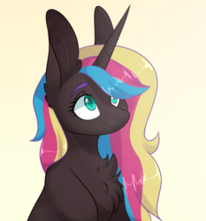 Size: 956x1024 | Tagged: safe, artist:sararini, oc, oc only, oc:crystal aura, pony, unicorn, bust, chest fluff, female, mare, portrait, simple background, solo, yellow background