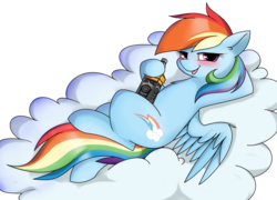 Size: 2276x1640 | Tagged: safe, artist:pencil bolt, rainbow dash, pony, g4, :p, alcohol, blushing, bottle, cloud, female, jack daniels, looking at you, lying on a cloud, mare, solo, tongue out, whiskey, wings