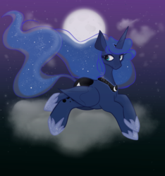 Size: 1515x1616 | Tagged: safe, artist:incapacitatedvixen, princess luna, alicorn, pony, g4, cloud, cloudy, crossed hooves, crown, female, hoof shoes, jewelry, looking back, lying on a cloud, moon, moonbutt, night, regalia, royalty, solo, stars, tiara