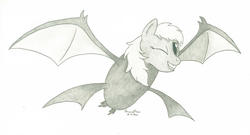 Size: 1024x555 | Tagged: safe, artist:peruserofpieces, bat, crobat, hybrid, monster pony, pony, bat wings, crossover, has magic gone too far?, monster, newbie artist training grounds, one eye closed, pencil drawing, pokémon, pun, simple background, smiling, solo, traditional art, visual pun, wat, what has magic done, what has science done, wings, wink
