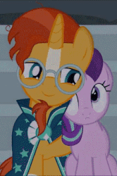 Size: 225x338 | Tagged: safe, artist:agrol, starlight glimmer, sunburst, pony, unicorn, time for two, agrol is trying to murder us, animated, blaze (coat marking), cape, clothes, coat markings, cropped, cute, daaaaaaaaaaaw, duo, eyes closed, facial hair, facial markings, female, gif, glasses, glimmerbetes, goatee, happy, happy couple, hnnng, hug, male, mare, nuzzling, open mouth, shipping, smiling, socks (coat markings), stallion, starburst, straight, sunbetes, weapons-grade cute