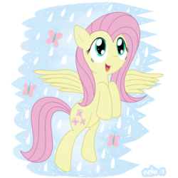 Size: 900x900 | Tagged: safe, artist:mcsadat, fluttershy, pegasus, pony, g4, cute, cutie mark, digital art, female, happy, horses doing horse things, mare, rain, rearing, shyabetes, simple background, smiling, solo, transparent background, wings