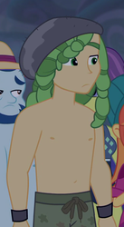 Size: 463x845 | Tagged: safe, screencap, orange sunrise, sandalwood, victoria, equestria girls, equestria girls specials, g4, my little pony equestria girls: better together, my little pony equestria girls: spring breakdown, clothes, cropped, male, male nipples, nipples, offscreen character, partial nudity, shorts, topless
