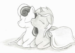 Size: 1024x732 | Tagged: safe, artist:peruserofpieces, bon bon, lyra heartstrings, sweetie drops, earth pony, pony, unicorn, g4, best friends, blanket, cheek kiss, content, eyes closed, female, happy, horn, kissing, lesbian, lying down, newbie artist training grounds, pencil drawing, prone, ship:lyrabon, shipping, simple background, smiling, traditional art