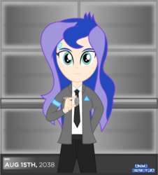 Size: 1182x1310 | Tagged: safe, artist:anime-equestria, princess luna, android, human, equestria girls, g4, belt, clothes, coin, connor, cosplay, costume, detroit: become human, elevator, female, human coloration, human female, jacket, looking at you, necktie, pants, smiling, solo, vector