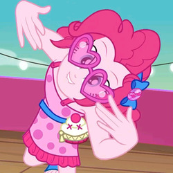 Size: 1080x1080 | Tagged: safe, artist:patricksiegler, screencap, pinkie pie, equestria girls, g4, i'm on a yacht, my little pony equestria girls: better together, cropped, cute, diapinkes, female, geode of sugar bombs, glasses, heart shaped glasses, lip bite, looking at you, magical geodes, sleeveless, solo