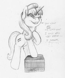 Size: 601x720 | Tagged: safe, artist:jessi_lionheart, starlight glimmer, pony, unicorn, g4, dialogue, equal cutie mark, evil grin, female, grin, monochrome, smiling, solo, stalin glimmer, traditional art