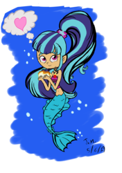 Size: 1700x2417 | Tagged: safe, artist:obeliskgirljohanny, sonata dusk, mermaid, equestria girls, g4, female, food, full body, heart, human coloration, looking at you, mermaidized, solo, sonataco, species swap, taco, that girl sure loves tacos, that siren sure does love tacos, thought bubble, underwater