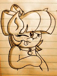 Size: 1920x2560 | Tagged: safe, artist:thebadbadger, oc, oc only, oc:petunia, pony, collar, lined paper, solo, tongue out, traditional art