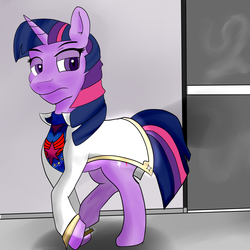 Size: 2000x2000 | Tagged: safe, artist:furrycat24, twilight sparkle, pony, unicorn, fallout equestria, g4, clothes, fanfic, fanfic art, female, frown, high res, hooves, horn, lidded eyes, mare, ministry mares, purple eyes, solo, uniform, walking