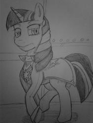 Size: 1932x2576 | Tagged: safe, artist:furrycat24, twilight sparkle, pony, unicorn, fallout equestria, g4, clothes, female, frown, horn, lidded eyes, mare, ministry mares, monochrome, sketch, solo, traditional art, uniform, walking