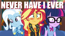 Size: 1280x720 | Tagged: safe, edit, editor:biggernate91, sci-twi, sunset shimmer, trixie, twilight sparkle, equestria girls, equestria girls series, g4, never have i ever, shimmercode, sunset's apartment, text, thumbnail, youtube, youtube thumbnail