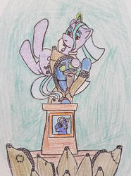 Size: 772x1035 | Tagged: safe, artist:dice-warwick, gladmane, oc, oc:quicktrot fragment, earth pony, pony, unicorn, fallout equestria, g4, cult, cultist, pipbuck, podium, possession, traditional art