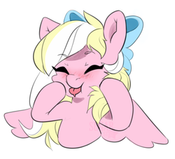 Size: 2428x2217 | Tagged: safe, artist:sugarstar, oc, oc only, oc:bay breeze, pegasus, pony, :p, blushing, bow, cute, eyes closed, female, hair bow, high res, mare, mlem, silly, simple background, sketch, solo, tongue out, white background