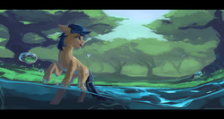 Size: 7500x4000 | Tagged: safe, artist:aoiyui, oc, oc only, pony, unicorn, forest, male, solo, stallion, standing, water