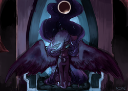 Size: 2898x2070 | Tagged: safe, artist:aoiyui, princess luna, alicorn, pony, crying, eclipse, ethereal mane, eyes closed, female, glowing horn, horn, princess, sitting, solar eclipse, solo, spread wings, throne, wings