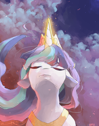 Size: 2171x2763 | Tagged: safe, artist:aoiyui, princess celestia, alicorn, pony, g4, bust, cloud, eyes closed, female, glowing horn, high res, horn, portrait, princess, sky, solo