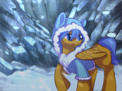 Size: 2732x2048 | Tagged: safe, artist:alphadesu, oc, oc only, oc:crushingvictory, pegasus, pony, folded wings, high res, smiling, smirk, snow, solo, wings, winter coat