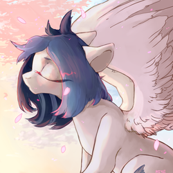 Size: 2449x2449 | Tagged: safe, artist:aoiyui, oc, oc only, pegasus, pony, eyes closed, female, flower petals, high res, mare, petals, solo, spread wings, wings