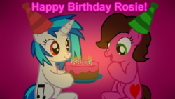 Size: 3840x2160 | Tagged: safe, artist:agkandphotomaker2000, dj pon-3, vinyl scratch, oc, oc:rose bloom, pony, g4, birthday, cake, candle, food, hat, high res, party hat, wrong eye color
