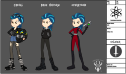 Size: 3184x1872 | Tagged: safe, artist:legendaryspider, indigo zap, fanfic:evil-count-proteus's unnamed eqg au, equestria girls, g4, badass, badass boots, bike helmet, bodysuit, boots, catsuit, clothes, commissioner:evil-count-proteus, fanfic, fanfic art, female, fingerless gloves, gloves, gun, helmet, high res, reference sheet, ripped pantyhose, serious, serious face, shoes, shorts, show accurate, solo, spy suit, tights, uniform, weapon