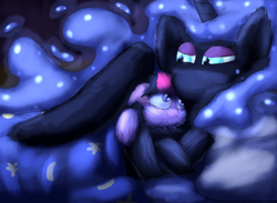 Size: 2160x1584 | Tagged: safe, artist:firefanatic, nightmare moon, twilight sparkle, alicorn, pony, bed, blanket, fluffy, pillow, scrunchy face, smiling, snuggling, twilight sparkle (alicorn), wing blanket