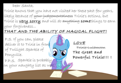 Size: 1280x883 | Tagged: safe, artist:evil-dec0y, trixie, pony, unicorn, comic:trixie vs., comic:trixie vs. hearth's warming, g4, b:, cape, clothes, comic, female, glowing horn, horn, letter to santa, magic, mare, quill, solo, telekinesis, tongue out, trixie's cape