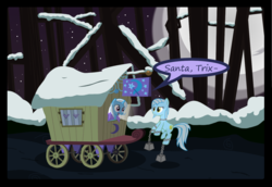 Size: 1280x883 | Tagged: safe, artist:evil-dec0y, trixie, oc, oc:ghost, earth pony, ghost, pony, unicorn, comic:trixie vs., comic:trixie vs. hearth's warming, g4, cape, chains, clothes, comic, female, forest, full moon, levitation, magic, mare, moon, night, snow, telekinesis, trixie's cape, trixie's wagon