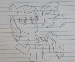 Size: 471x386 | Tagged: safe, artist:nightshadowmlp, pinkie pie, rainbow dash, g4, secrets and pies, dialogue, evil pie hater dash, fusion, fusion:pinkiehater, lined paper, traditional art