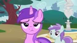 Size: 1920x1080 | Tagged: safe, screencap, amethyst star, liza doolots, petunia, sparkler, tootsie flute, pony, unicorn, g4, season 2, the mysterious mare do well, amethyst star is not amused, background pony, duo, duo female, female, filly, foal, fountain, frown, horn, lidded eyes, mare, open mouth, outdoors, statue, tree, unamused, unimpressed amethyst star