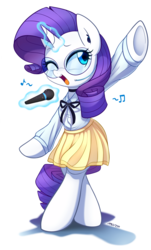 Size: 2560x4237 | Tagged: safe, artist:maren, rarity, pony, unicorn, semi-anthro, g4, arm hooves, bipedal, clothes, cute, female, glasses, glowing horn, headset, horn, idol, levitation, magic, mare, microphone, moe, music notes, one eye closed, open mouth, raribetes, shirt, simple background, singing, skirt, solo, standing, telekinesis, underhoof, white background, wink