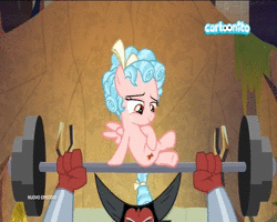Size: 720x576 | Tagged: safe, screencap, cozy glow, lord tirek, centaur, pegasus, pony, frenemies (episode), g4, animated, armpits, belly, cartoonito logo, cloven hooves, cozybetes, cute, duo, female, filly, foal, male, no sound, nose piercing, nose ring, piercing, septum piercing, webm, weight lifting