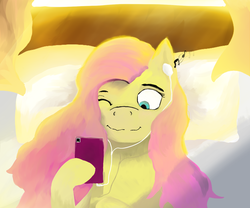 Size: 1335x1113 | Tagged: safe, artist:iokii, fluttershy, pony, g4, cellphone, female, lying down, music notes, phone, solo