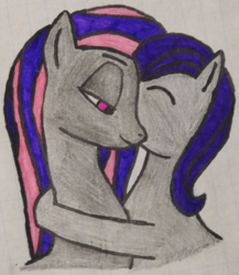 Size: 2816x3248 | Tagged: safe, artist:awgear, derpibooru exclusive, oc, oc:dawn, oc:dawn (project horizons), oc:morning glory (project horizons), pony, fallout equestria, fallout equestria: project horizons, fallout, fanfic art, female, graph paper, gray coat, high res, mother and daughter, mother's day, pink eyes, purple mane, traditional art