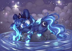 Size: 3508x2481 | Tagged: safe, artist:cutepencilcase, princess luna, alicorn, pony, g4, colored pupils, female, freckles, glowing, high res, night, solo, stars, unshorn fetlocks, water