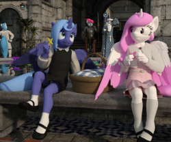Size: 2400x2000 | Tagged: safe, artist:tahublade7, princess celestia, princess luna, star swirl the bearded, alicorn, anthro, plantigrade anthro, g4, 3d, basket, blue underwear, cewestia, clothes, colored wings, colored wingtips, cookie, daz studio, dress, female, filly, food, fountain, high res, mary janes, panties, picnic basket, pink-mane celestia, robe, royal guard, schrödinger's pantsu, shoes, skirt, socks, underwear, upskirt, woona, young celestia, younger